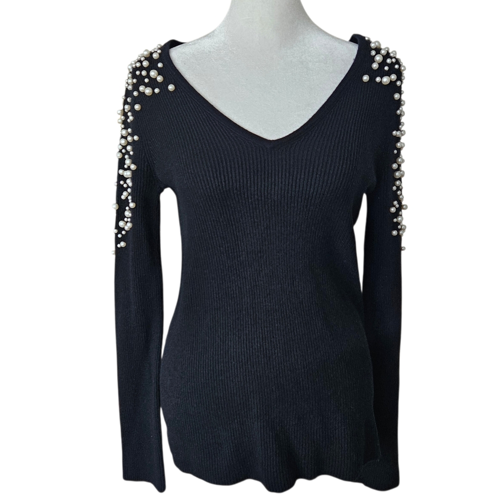 Neiman Marcus 100% Cashmere Pearl Shoulder V-Neck Sweater Black Small